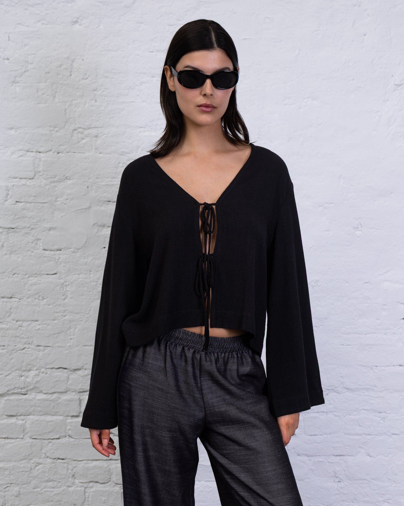 Bluse mit Bindebändern aus Leinen-Mix