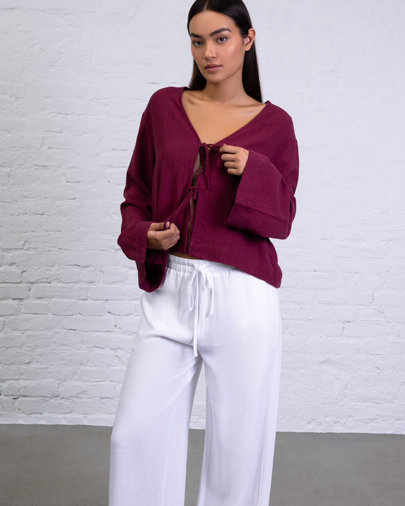 Bluse mit Bindebändern aus Leinen-Mix