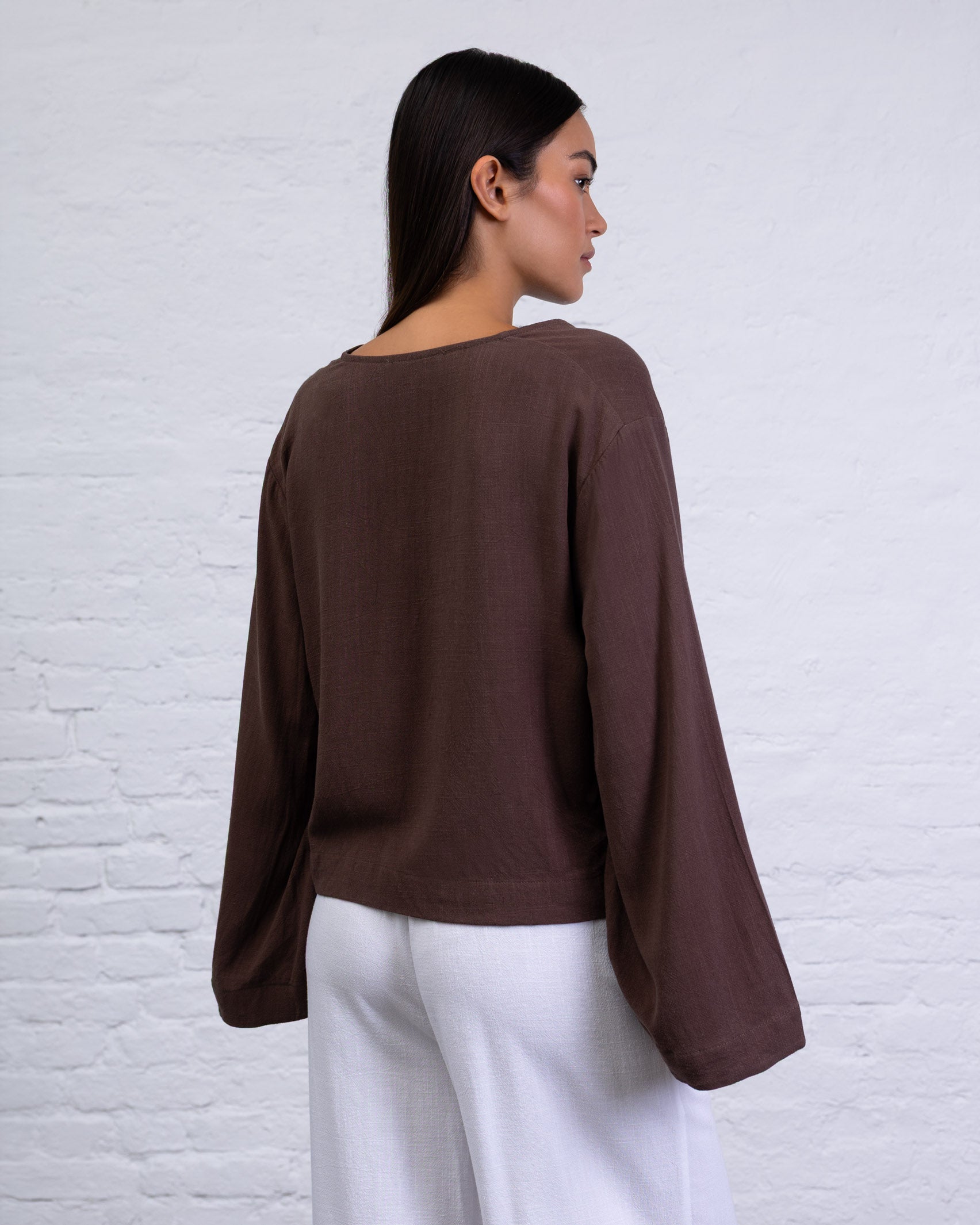 Bluse mit Bindebändern aus Leinen-Mix