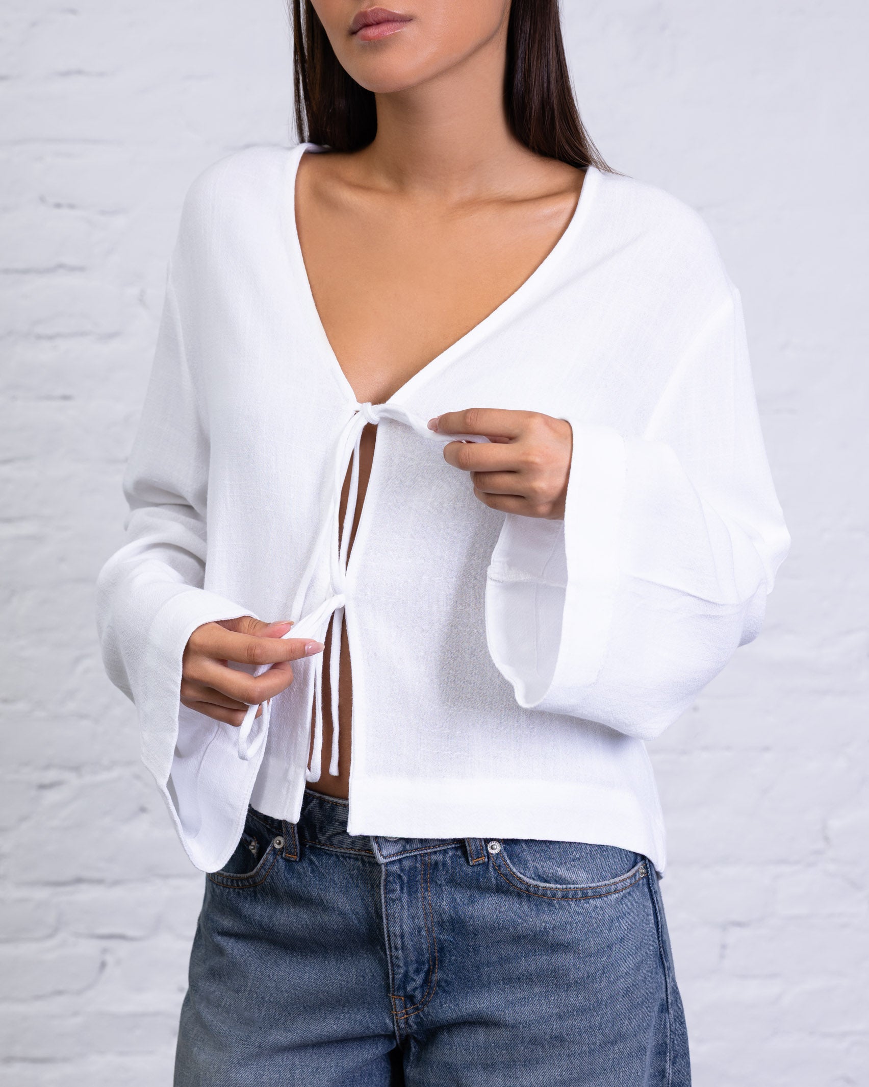 Bluse mit Bindebändern aus Leinen-Mix