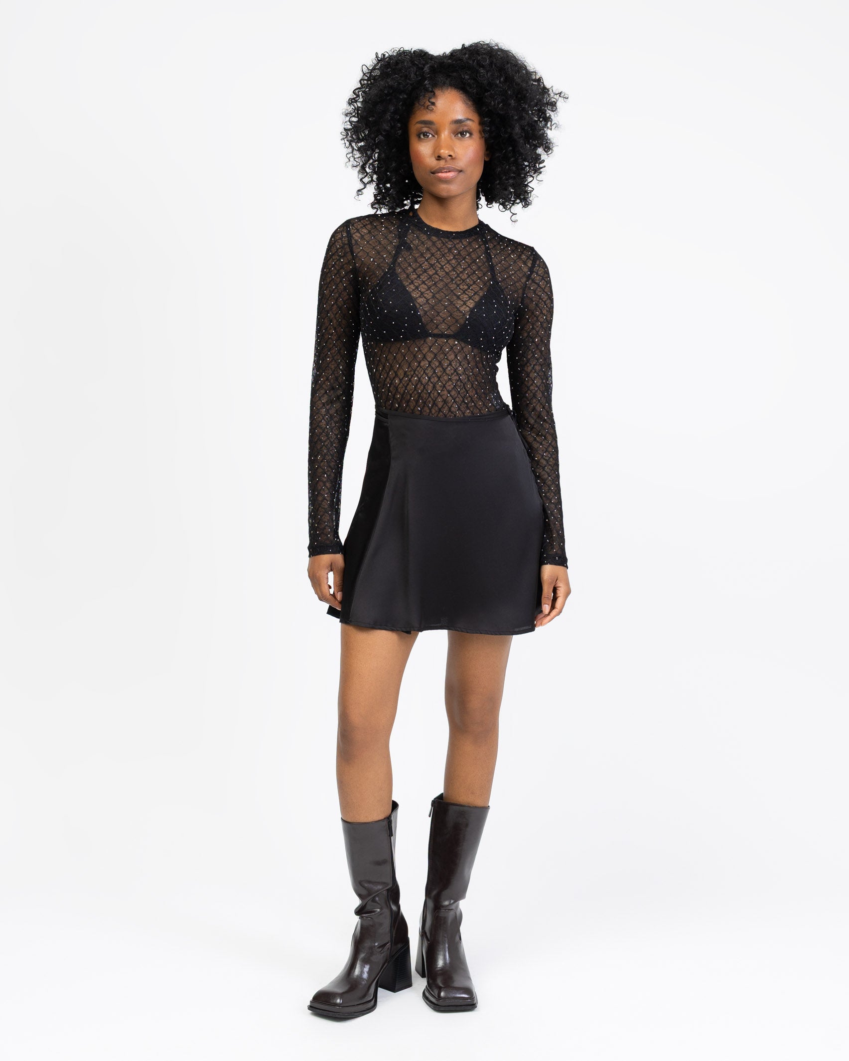 Strasssteinbesetzter Mesh Body mit Rautenprint