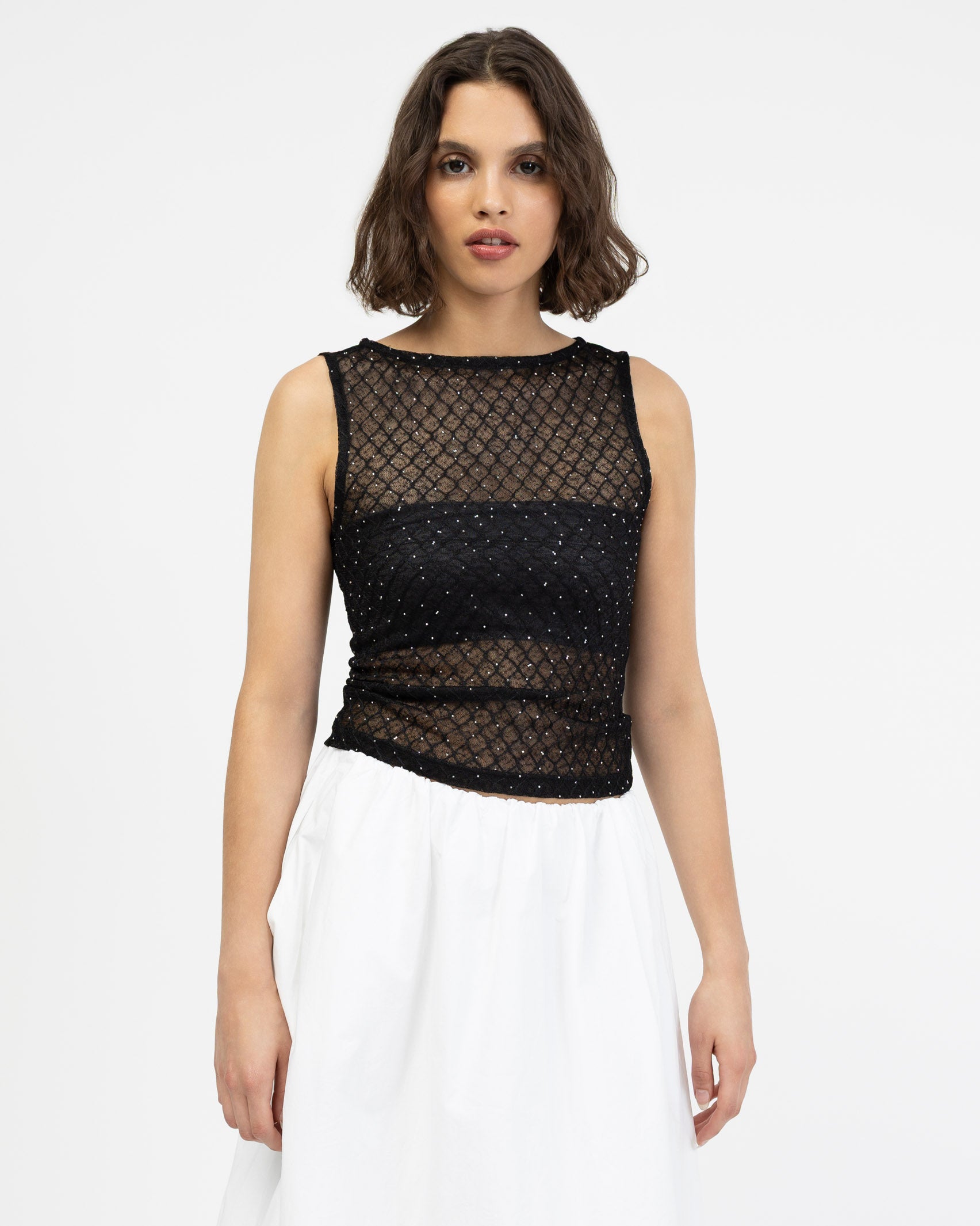 Strasssteinbesetztes Mesh Top mit Rautenprint
