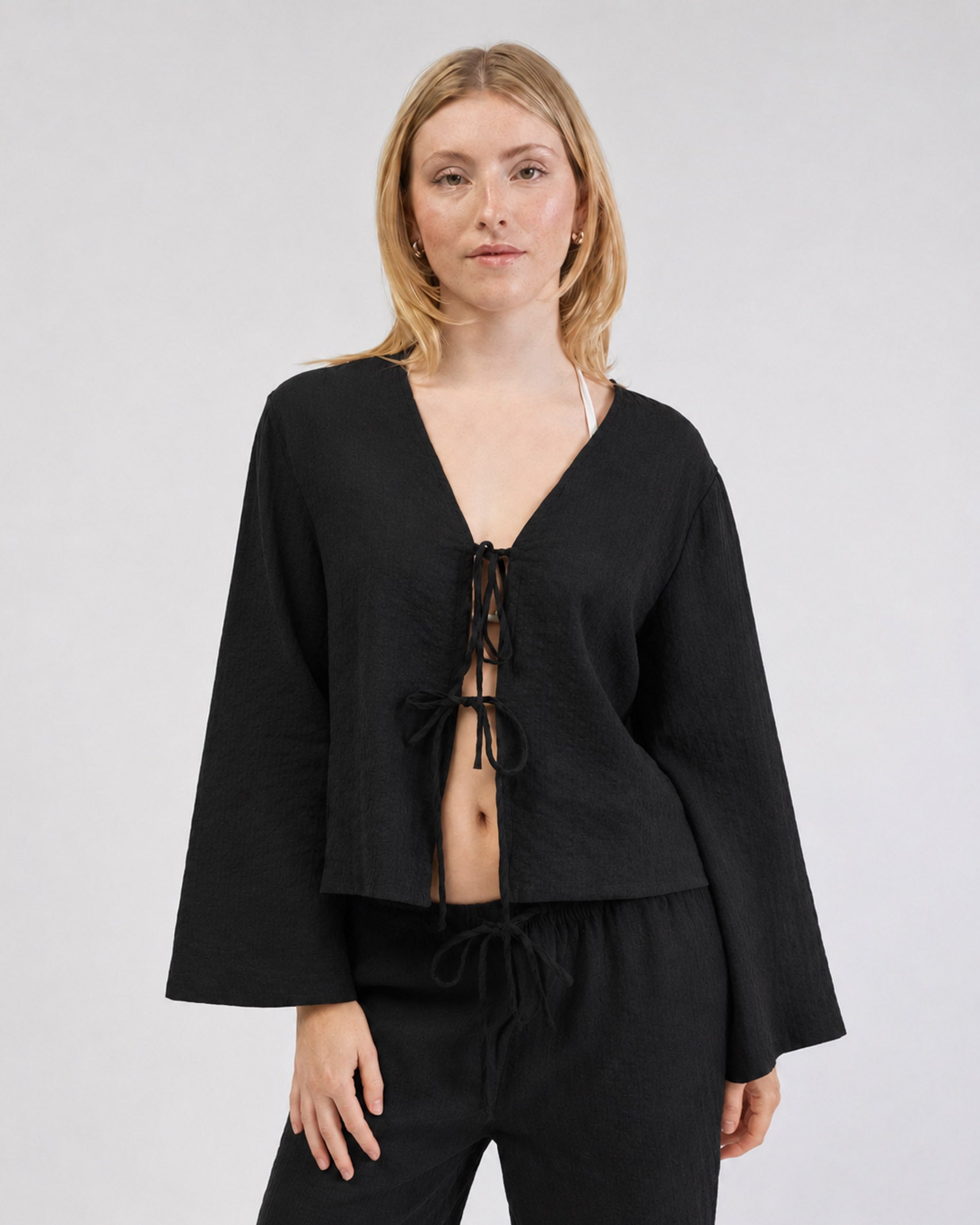 Bluse mit Bindebändern aus Leinen-Mix