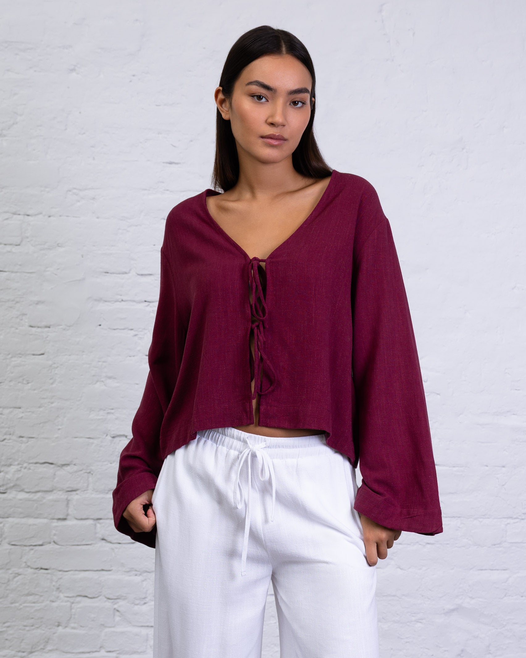 Bluse mit Bindebändern aus Leinen-Mix
