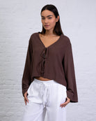 Bluse mit Bindebändern aus Leinen-Mix