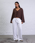 Bluse mit Bindebändern aus Leinen-Mix