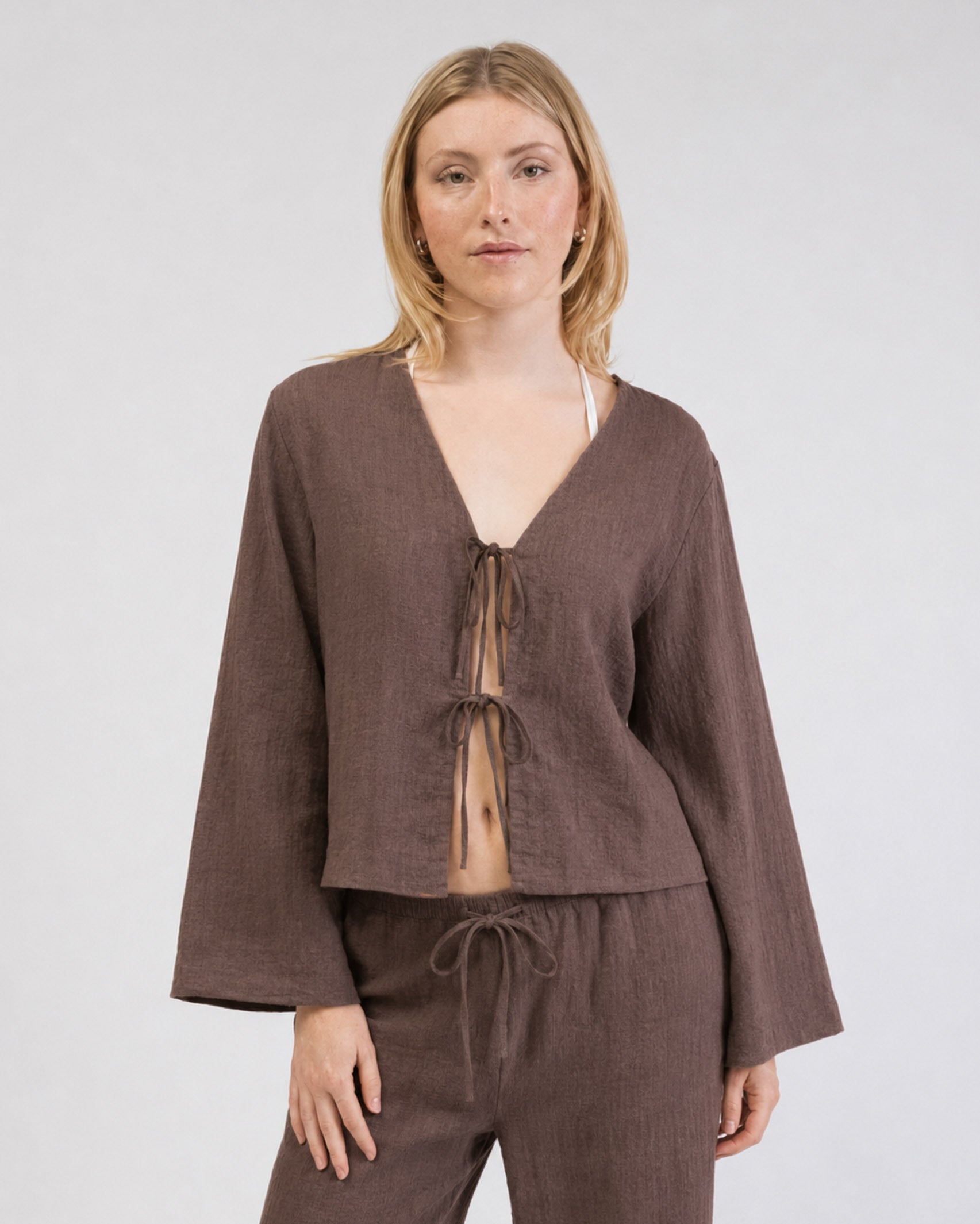 Bluse mit Bindebändern aus Leinen-Mix