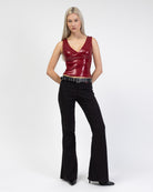V-Neck Top mit glänzenden Pailletten