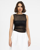 Strasssteinbesetztes Mesh Top mit Rautenprint