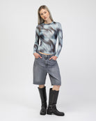 Langarm Mesh Shirt mit mehrfarbigem Muster