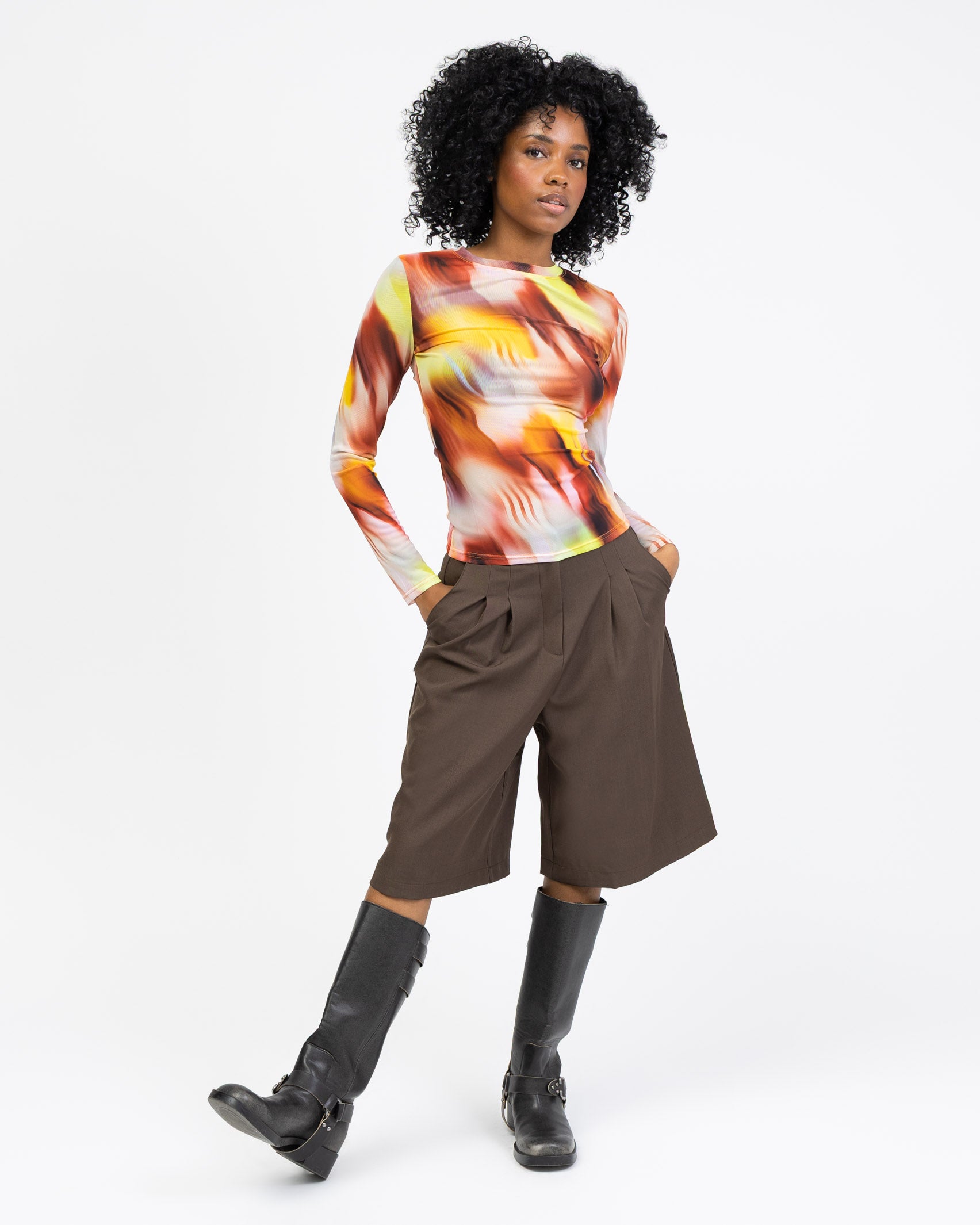 Langarm Mesh Shirt mit mehrfarbigem Muster