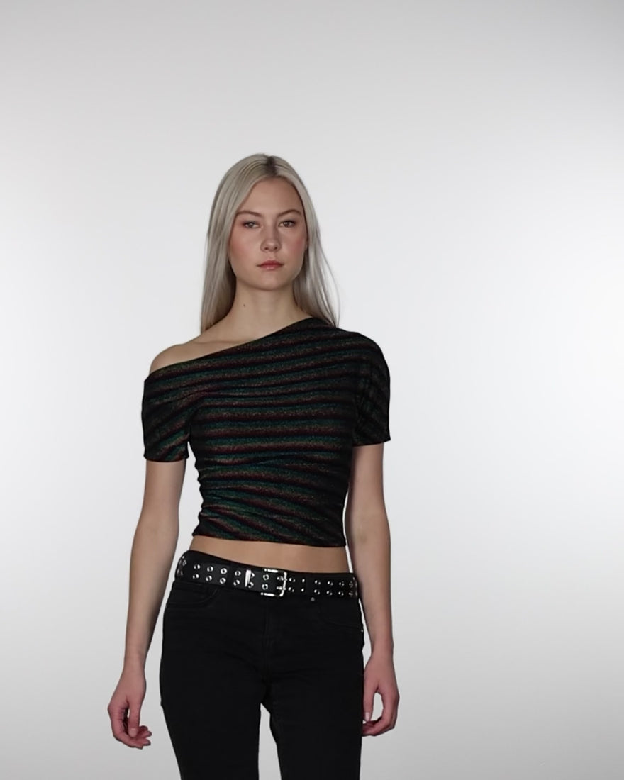 Offshoulder Shirt mit bunt glitzernden Streifen